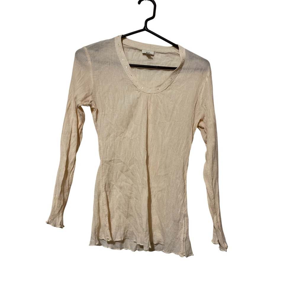J. Jill Cream Crinkle Gauze Sequin V-Neck Long Sleeve Top Petite Small SP Cotton